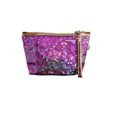 Imagem de Necessaire Feminina Holográfica Estojo Maquiagem Rosa Claro - Macrozao