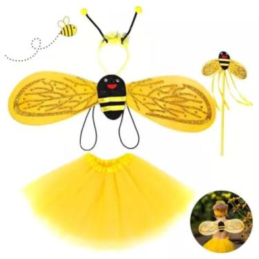 Imagem de Fantasia de Abelha Infantil Meninas Com Asa, Saia Tule + Acessórios (Amarelo)
