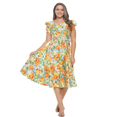 Imagem de Stylish FABRIC Vestidos femininos de manga curta bufante midi coquetel flare chá festa, formal e casual, Laranja menta, 1X-2X