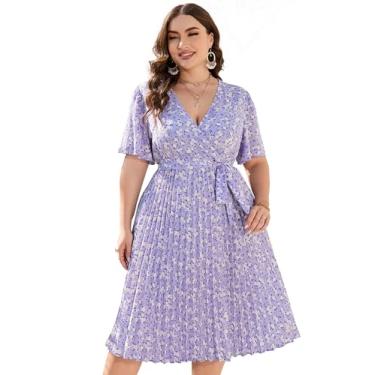 Imagem de KOJOOIN Vestido feminino plus size com decote em V, bainha plissada, manga curta, elegante, evasê, vestido midi com cinto, Flor roxa Vc, XXG