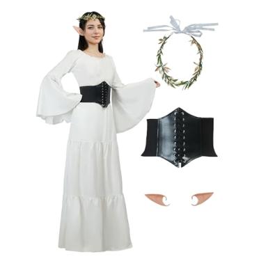 Imagem de daizbella Vestido feminino renascentista medieval, vestido de fantasia camponesa com orelhas de elfo e cocar branco