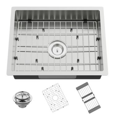 Imagem de Pia de cozinha de aço inoxidável, 58 x 45 x 14 cm com design de altura baixa, tigela única, pia de cozinha embaixo da montagem, vem com acessórios que garantem que indivíduos com mobilidade limitada