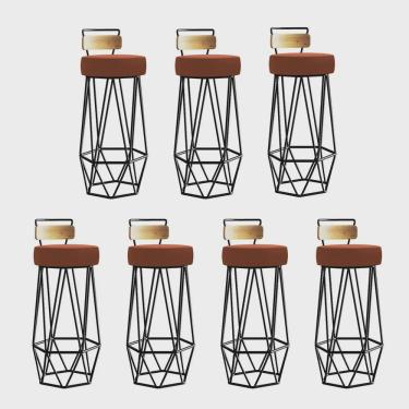 Imagem de Kit 07 Banqueta Com Encosto Botti Hexágono Cozinha Peroba Rosa Ferro Preto Sintético Laranja - Ahz Móveis