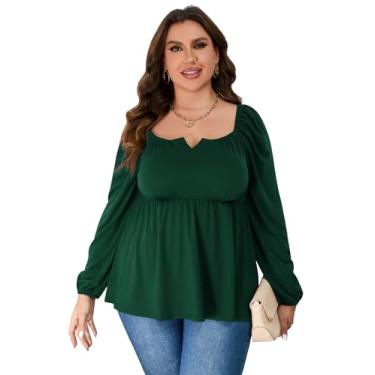 Imagem de Camisetas femininas plus size casuais gola quadrada manga bufante cintura império peplum tops plus size babydoll blusa túnica tops, Verde, XXG