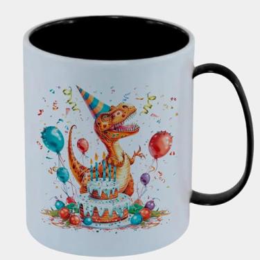 Imagem de Caneca Branca com Interna Preta de Polímero 325ml - DINOSSAURO ANIVERSARIO BOLO BALOES 1
