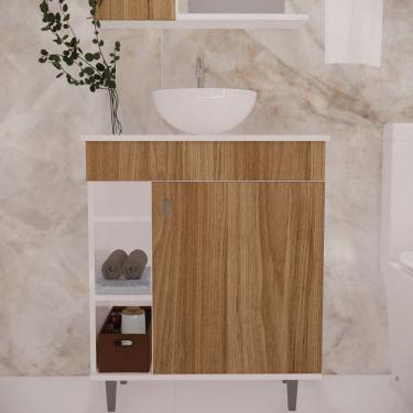 Imagem de Gabinete Armário para Banheiro Suspenso com Cuba e com Pés Branco/Marrom