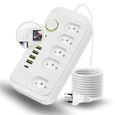 Imagem de Extensão Filtro de Linha Regua de Energia - Adaptador Tomada com 5 Tomadas, 4 USB, 1 USB-C, Extensao Eletrica 2m, Bivolt 110-220V, 2500W, Proteção Sobrecarga, LED Indicador