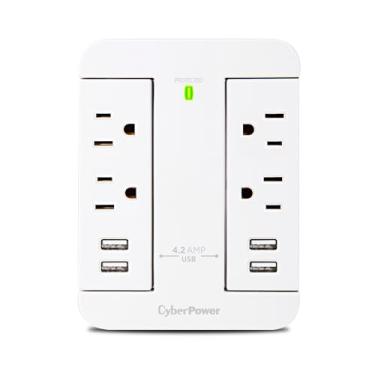 Imagem de CyberPower Protetor de sobretensão profissional P4WSU, 900J/125V, 4 saídas giratórias, 4 portas de carga USB, torneira de parede branca