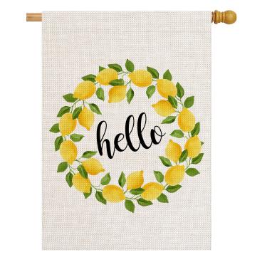 Imagem de pingpi Hello Bandeira de Jardim, Guirlanda de Limão Pequena Bandeira de Jardim Vertical Dupla Lateral 31,75 x 45,72 cm Decoração de Jardim de Juta de Verão