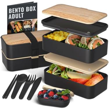Imagem de Lancheira japonesa bento Bentoheaven premium para adultos com compartimentos, unissex, conjunto de utensílios, hashis e recipiente de molho, infantil, fofa, para micro-ondas, madeira (Symph Onyx)