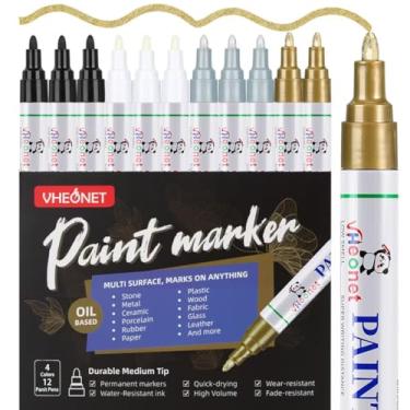 Imagem de VHEONET Conjunto de canetas marcadoras à base de óleo à prova d'água para pintura de pedras, madeira, tecido, plástico, tela, cerâmica, vidro, caneca, artesanato DIY (ouro, prata, preto e branco, 12)