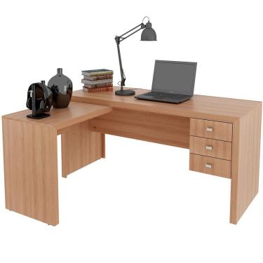 Imagem de Mesa De Canto Para Escritório Em L Angular Com 3 Gavetas Amêndoa