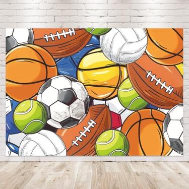 Imagem de Newsely Pano de fundo esportivo 7x5H fotografia crianças Brithdal chá de bebê fundo de férias bolas esportivas tema desenho animado basquete futebol beisebol decorações de festa banner foto cabine