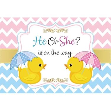 Imagem de Yeele Pano de fundo revelador de gênero de patos amarelos de 2,1 x 1,5 m para fotografia Patinho rosa e azul Ele ou ela está a caminho Fundo para Recém-nascidos Revelar artigos de festa estúdio