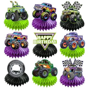 Imagem de Monster Truck Honeycomb Centerpiece Decor, Truck Birthday Table Decoration, Green and Purple Racing Car Table Supplies for Monster Truck Birthday, Wheel Tire Party (9PCS)