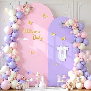 Imagem de Conjunto de 2 capas de arco rosa e roxo - 2 m, capa de fundo de arco de 1,8 m, elastano para chá de bebê, para meninas, festa de aniversário, casamento, chá de panela, banquete, decoração de fundo