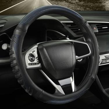 Imagem de WJMZ Capa de volante de 35,5 cm, ótima aderência com orifício de favo de mel 3D, design esportivo antiderrapante, pequena 34,3 a 35,5 cm (preto com azul)