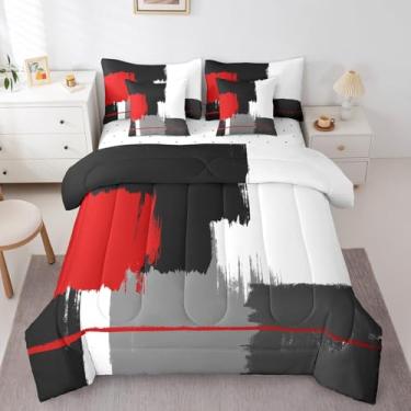 Imagem de Feelyou Conjunto de edredom com lençol de 7 peças, arte abstrata, geométrico, vermelho, preto, para crianças, meninos, meninas, moderno, abstrato, em uma bolsa