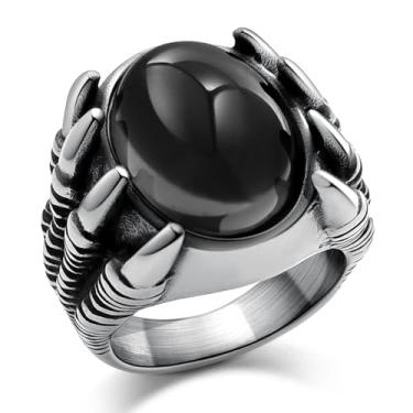 Imagem de Hoyazvet Anel masculino de aço inoxidável com garra de dragão - estilo motociclista gótico com acabamento em ouro preto/18K, pedra preciosa vermelha/preta, joia punk com sinete de pedra de cristal