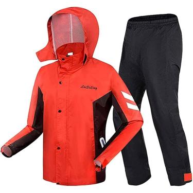 Imagem de Ternos Raioat à Prova D'água Para Homens E Mulheres Ao Ar Livre 2 Peças Pesca Leve Camping Rain Raioat Com Listras Reflexivas Capa De Chuva Reutilizável Para Caminhadas Com Capuz, Red, M