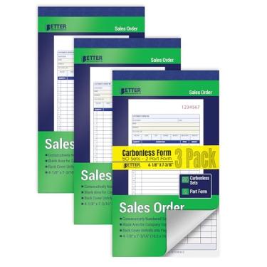 Imagem de Better Office Products Livros de pedidos de venda, pacote com 3, 2 partes sem carbono (branco/amarelo canário), 10 x 19 cm, 50 conjuntos por livro, 150 conjuntos no total, 3 livros