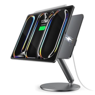 Imagem de LULULOOK Suporte magnético de carregamento sem fio para iPad Pro de 11 polegadas, M5 (2025) e M4 (2024), suporte de liga de alumínio para iPad para mesa com base giratória de 360°, suporte dobrável