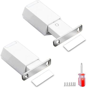 Imagem de Conjunto de 2 travas magnéticas para armário de porta de empurrar para abrir e prender para gaveta de porta oculta, ponta de liberação de empurrar para encaixe forte, branco