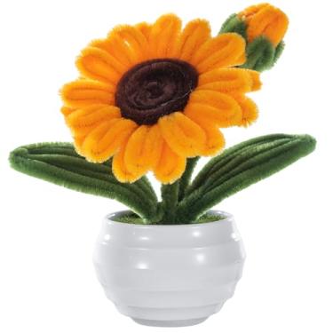 Imagem de DuHouse Vaso de flores artificiais de girassol, limpador de cachimbo feito à mão, girassol pequeno vaso de plantas para mesa, painel de carro, decoração de casa e escritório para amigos e família