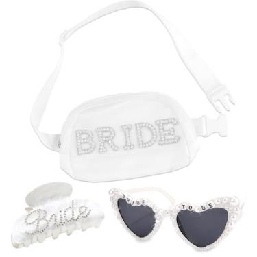 Imagem de KICOSY Kit de acessórios para noivas de 3 peças: bolsa de noiva pérola, óculos de sol de coração e clipes de garra de noiva de strass - para despedida de solteira, chá de panela e dia de lua de mel de