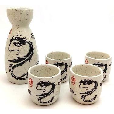 Imagem de JapanBargain, Conjunto de saquê de porcelana, garrafa de saquê e copos de saquê, seguro para micro-ondas, 142 g (branco + dragão)