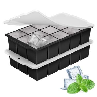 Imagem de MEIJO Bandeja de silicone para cubos de gelo com tampas, 15 bandejas quadradas flexíveis de liberação fácil para freezer, molde de cubo de gelo empilhável e reutilizável para uísque, coquetéis, comida