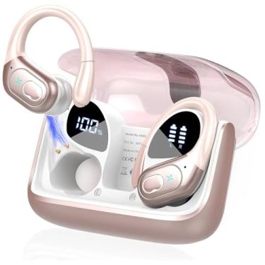 Imagem de Fones de ouvido esportivos sem fio, 75H Bluetooth 5.3 HiFi Stereo Headphones com microfone HD, cancelamento de ruído ENC, tela dupla de LED, à prova d'água IPX7 para corrida/Rosa