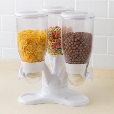 Imagem de Dispenser de Cereais Triplo Giratório Kangur, 3 Potes para Alimentos Secos, Base de Mesa, 42 cm x 34 cm, Branco