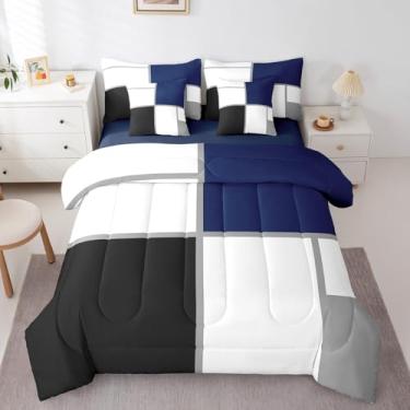 Imagem de Erosebridal Jogo de cama geométrico em uma bolsa, tamanho solteiro, para adultos, adolescentes, preto e branco, conjunto de edredom abstrato, azul marinho, listrado, geométrico, minimalista, lençol de