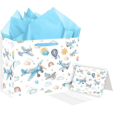 Imagem de SUNDECO Bolsa de presente com tema aeronáutico - Grande bolsa de presente de aniversário com cartão e papel de seda