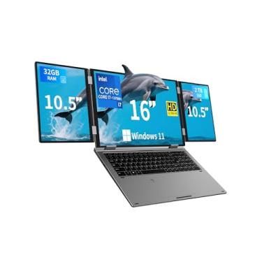 Imagem de KOOFORWAY Laptop de tela tripla, principal de 16 polegadas + monitores duplos de 10,5 polegadas, Core i7-12700H, 32 GB de RAM, SSD de 2 TB, Windows 11 Pro, Wi-Fi 6, BT 5.2, desbloqueio facial e de