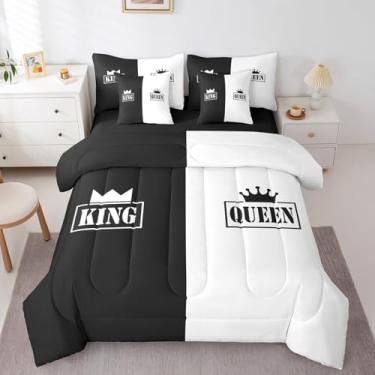 Imagem de Feelyou Conjunto de cama Queen, Queen, Queen, Queen, Queen, King, preto e branco, conjunto de cama de 7 peças para amantes dele e dela, inclui edredom, conjunto de lençóis, fronhas e fronhas