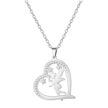 Imagem de EUEAVAN Colar de princesa Wendy Tinkerbell, duende, dançarina mágica, balé, coração, pingente de zircônia cúbica, joia de asas de anjo, joia de conto de fadas, presente para mulheres, Medium, Aço