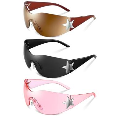 Imagem de GGSTDDUP 3 pares de óculos de sol sem aro Y2K para mulheres e homens, óculos escuros modernos envolventes em torno dos anos 2000, Preto, rosa, marrom