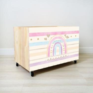 Imagem de Caixa Organizadora de Brinquedos com 4 Rodas - Bau de Brinquedos Infantil em Madeira de Pinho Natural (CX051)