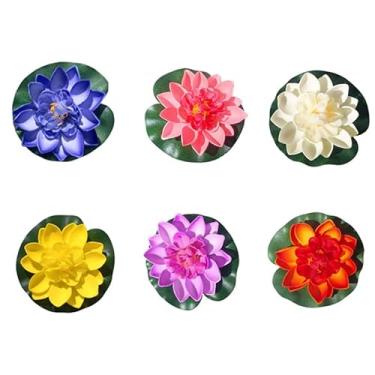 Imagem de Jizlan 6 peças de flores de lótus flutuantes grandes - flores de lótus falsas realistas com almofadas de lírio artificiais, decoração artificial flutuante para lagoa de jardim (várias cores)
