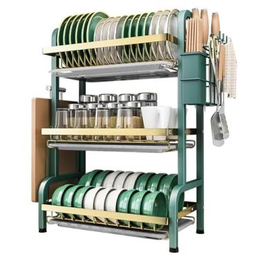Imagem de WZYCLTT Escorredor de pratos elegante de 3 níveis vibrante com acabamento de aço inoxidável - organizador compacto de bancada de cozinha com bandeja coletora e suporte de utensílios