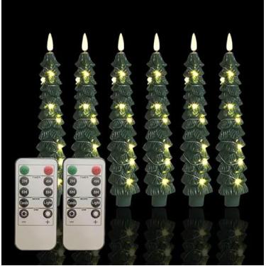 Imagem de Pacote com 6 velas de árvore de Natal com controle remoto, velas cônicas de plástico sem chama de 23 cm com cordão de estrela embutido, operado por bateria de LED com chama cintilante 3D para