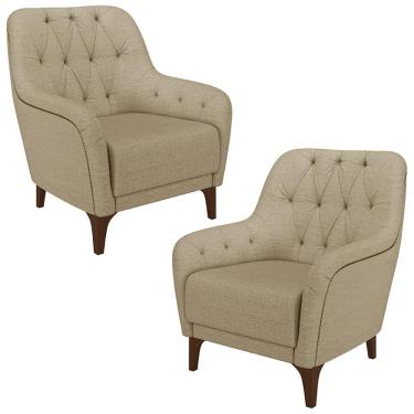 Imagem de Kit 2 Poltronas Decorativas Pés em Madeira Petra Linho Bege - Gran Belo