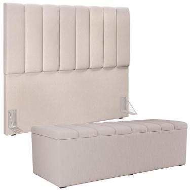 Imagem de Kit Cabeceira Cama Box Casal 140cm e Calçadeira Recamier Baú Dália W01 Linho Cru - Lyam Decor