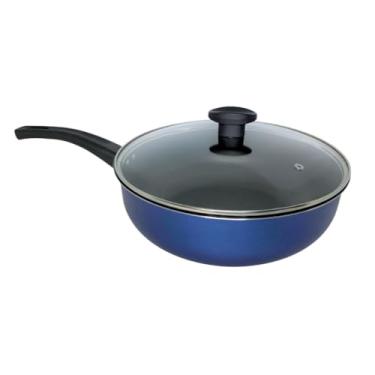 Imagem de Frigideira Funda Antiaderente Wok 26 Tampa De Vidro Alumínios Portela frigideira com tampa Ideal para Família e Presente(Azul)
