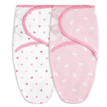 Imagem de Cobertor para bebê, 0 a 3 meses, saco de dormir de algodão com braço, cobertores vestíveis para meninas recém-nascidas (coração e laço, pacote com 2)