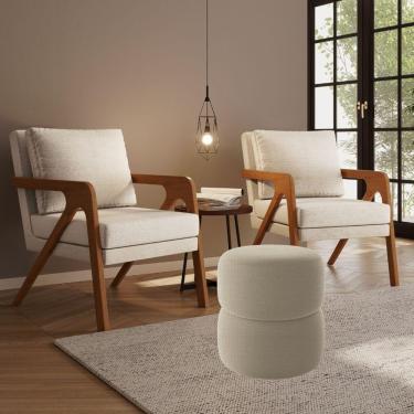 Imagem de Kit 2 Poltrona Decorativa E Puff Sala Moderno Escritório Dora Linho Bege