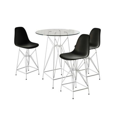 Imagem de Jogo Mesa Bistrô Eames Vidro 60Cm 3 Banquetas Preta Base Ferro Branco - Cor: Branco