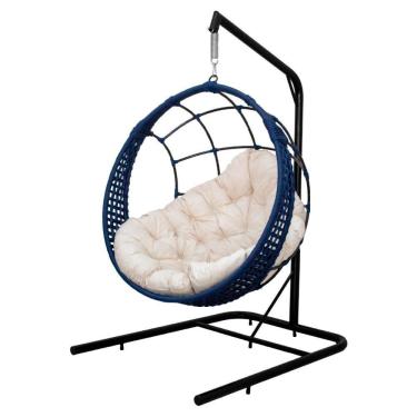 Imagem de Cadeira Balanço Ninho Suspenso Em Corda Náutica Luxo C- Suporte Azul-branco